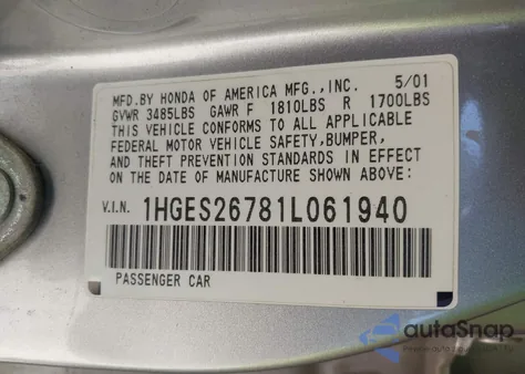 2001 Honda Civic Ex из США, поврежденный, VIN 1HGES26781L061940